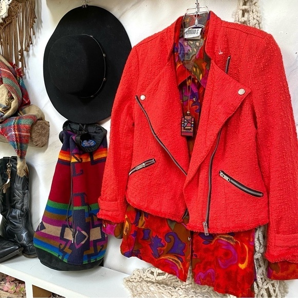 Trendy RED moto style tweed boho blazer jacket w raw edges - Picture 4 of 16